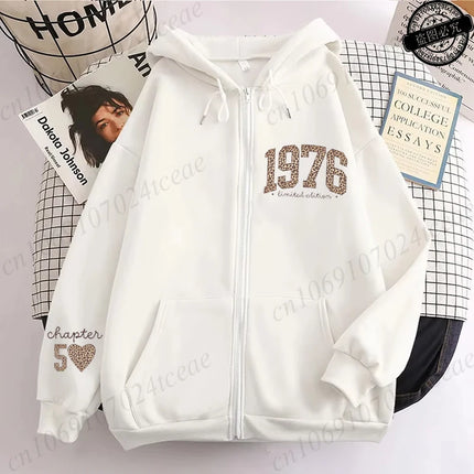 Leopard 50th Birthday Gifts Zip Up Hoodie 1976 Retro Birthday Hoodie Fashion Hoodie Mom Fiftieth Women Aesthetic Sweatshirts