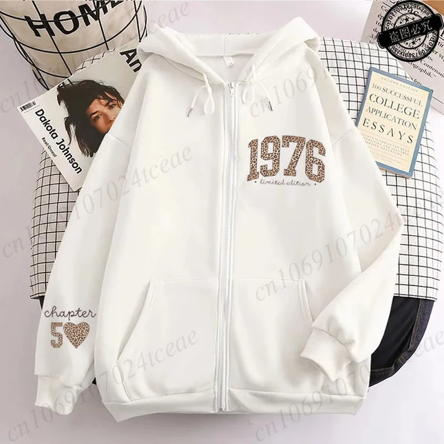 Leopard 50th Birthday Gifts Zip Up Hoodie 1976 Retro Birthday Hoodie Fashion Hoodie Mom Fiftieth Women Aesthetic Sweatshirts