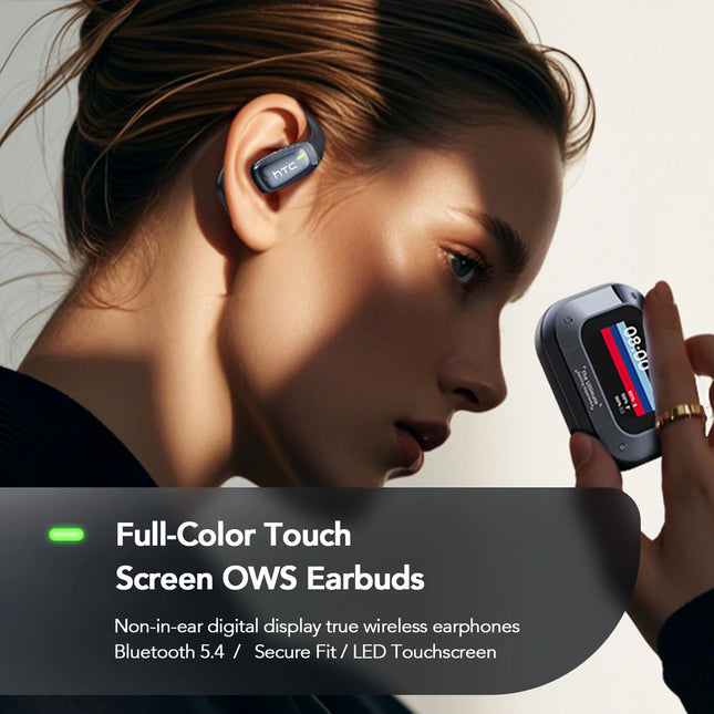 HTC NE25 OWS Earbuds AI Translator LCD Touch Screen Bluetooth 6.0 IPX5 Waterproof Open-Ear Wireless Headphones