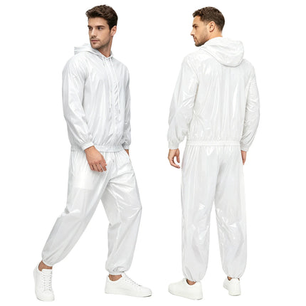 Mens Sauna Tracksuit Set Zipper Hoodie Drawstring Pants Waterproof Long Sleeve Front Zip-up Drawstring Hood Jacket with Pants