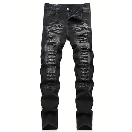 Men’s trendy streetwear: black ripped straight-leg jeans – an excellent gift for husbands or boyfriends.