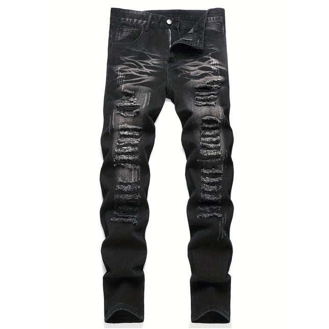 Men’s trendy streetwear: black ripped straight-leg jeans – an excellent gift for husbands or boyfriends.