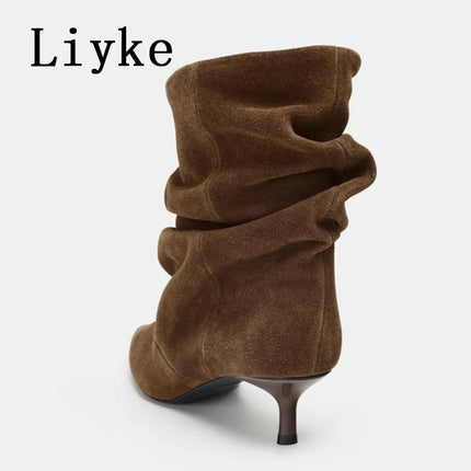 Liyke Brown Retro Elegant Designer Ankle Boots Women Fashion Pleated Suede Autumn Winter Low Thin Heels Party Prom Chelsea Shoes