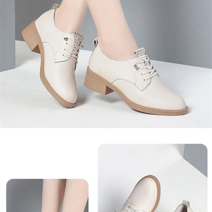 British Style Spring Autumn Women's Round-Toe Square-Heel Slip-On Office Pumps for Work or Parties, Comfortable Soft Leather 2024