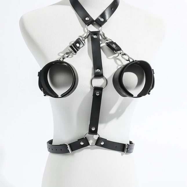 BDSM PU Harness Sex Toy Handcuff Restraint Set Female Pop Punk Belt Binding Belt Backhandcuffs Bondage Kit Role Play Sex Toys