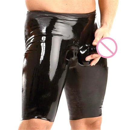 Sexy Mens Lingerie Stretchy Faux Leather Exotic Short Pants With Penis Sleeves Latex Fetish Underpants Male Gay Panties Costumes