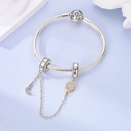 Sparkling Clear Silver Safety Chain 925 Sterling Silver Safety Chain Charm Beads Fit Original Bangle Bracelet DIY Jewelry