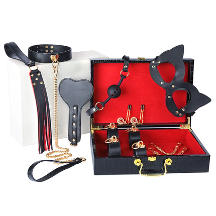Exquisite Gift Box Leather 8 PCS BDSM Bondage Set With Case Adult Sex Games Restraints Kit Exotic Bondage Gear For Couples 18+