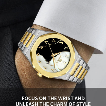 Top Brand Men Watch Marble Dial 42mm Arabic Scale Clock Silver Stainless Steel Quartz Movement Sports Business Wristatch for Men
