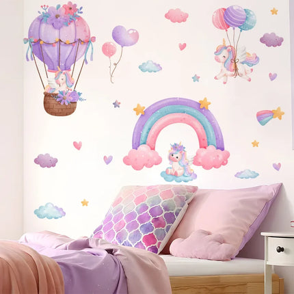 Rainbow Hot Air Balloon Unicorn Star Cloud Love Wall Decal Self-Adhesive Sticker for Girl's Bedroom Dormitory Decor
