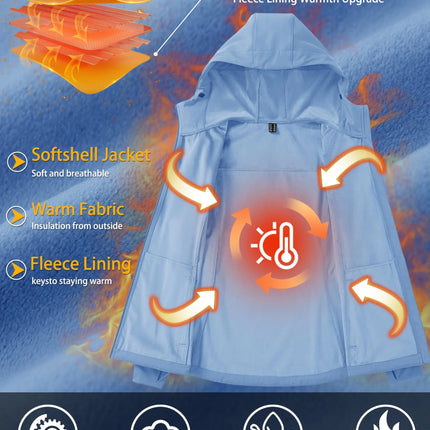 TACVASEN Waterproof Fleece Lined Women's Softshell Jacket Hooded Outdoor Hiking Camping Jacket Lightweight Warm Thermal Coat