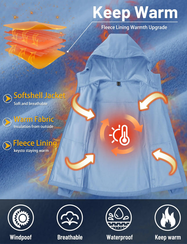 TACVASEN Women's Waterproof Fleece Lined Softshell Jacket Hooded Outdoor Hiking Camping Jacket Lightweight Warm Thermal Coat