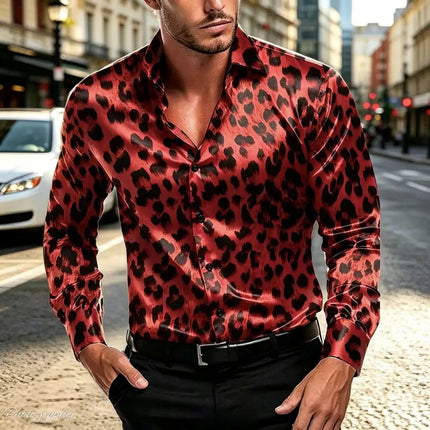 Men's satin leopard print long sleeved shirt, luxurious glossy button up shirt, nightclub party casual fashion shirt