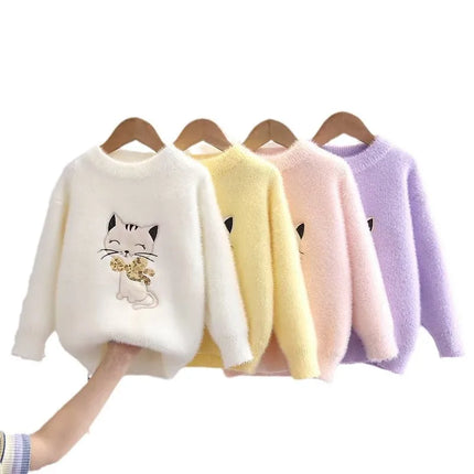Princess Girl's Sweater Thickened Autumn Winter New Fashionable Cartoon Cat Children's Knitted Sweaters Little Girl Tops IY07231
