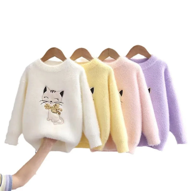 Princess Girl's Sweater Thickened Autumn Winter New Fashionable Cartoon Cat Children's Knitted Sweaters Little Girl Tops IY07231