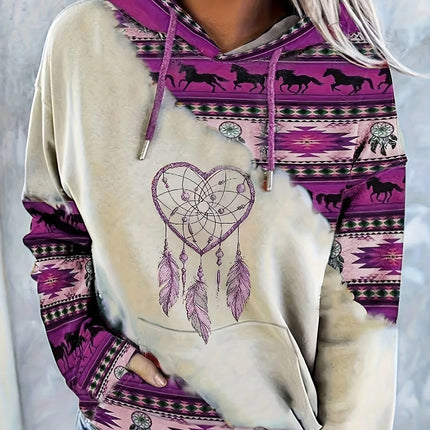 Women's casual fashion round neck pullover hoodie Western ethnic style retro print women's top hoodie