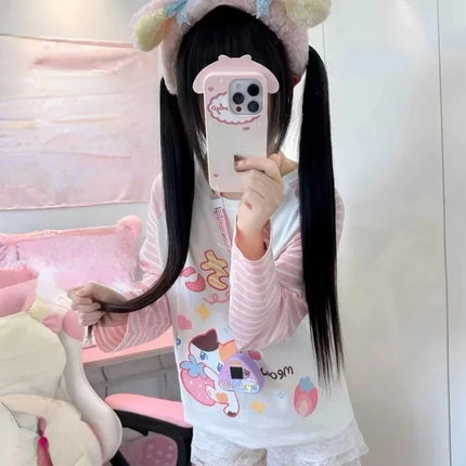 Japanese Patchwork Pink Stripe Casual T-shirt Y2k Cartoon Print Tees Women Harajuku Tops Grunge Kawaii Cute Aesthetic Tshirts