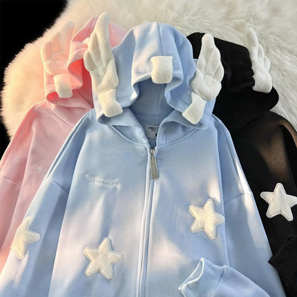American Vintage Star Patchwork Angel Wings Zipper Hooded for Women Autumn Winter Casual Loose Long Sleeved Cardigan Sweatshirt