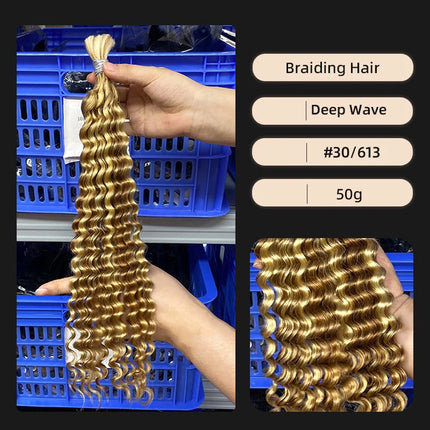 Human Braiding Hair for Boho Braids 50g/Pack Highlight Deep Wave Bulk Human Hair 4/27 Ombre Knotless Braiding Hair Extensions