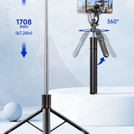 F16 Selfie Stick Tripod with 1708mm Long 8-Section Pole, Bluetooth Remote, 360° Rotation, 1/4 Interface, for Phone Camera Vlog