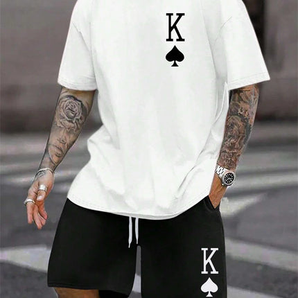 New Men's Short Sleeve Shorts Set Fashion King Printed T-Shirt Shorts 2 Sets of Casual Round Neck Jumper Breathable Sportswear