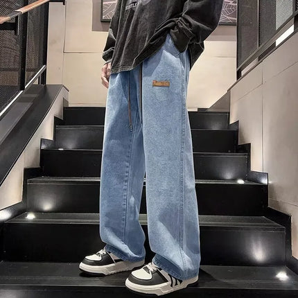Men's Y2K Baggy Jeans Drawstring Elastic Waist Washed Denim Pants Straight Leg Wide Leg Streetwear Loose Fit Trousers