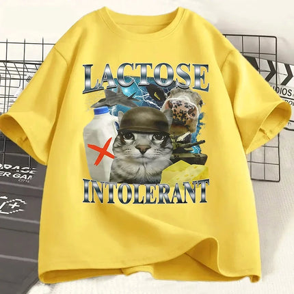 Lactose Intolerant Funny Cat Meme Print T-Shirt Women Retro Fashion Short Sleeve T-shirts Casual Summer Women Clothing
