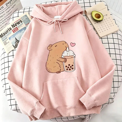Funny Kawaii Bubble Tea Capybara Hoodie Women/Men Aesthetic Graphic Hoodies Unisex Autumn Winter Harajuku Pullovers Sweatshirts