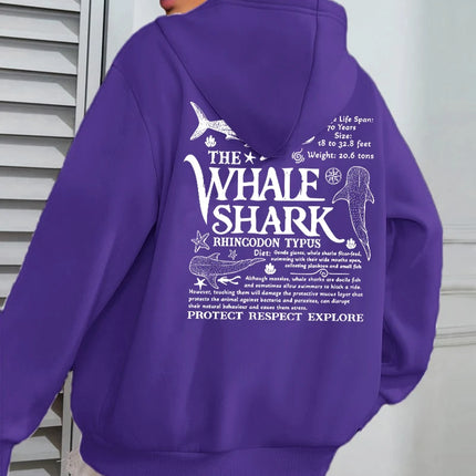 Creative Whale Shark With Letters Print Woman'S Streetwear Soft Trendy Hoodies Solid Color Warm Clothes Loose Hip Hop Hoody