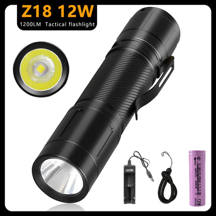 1200LM LED Flashlight with Fixed Focus Torch Powerful Spotlight Portable Pen Clip Hat Headlamp External 21700 Battery Flashlight