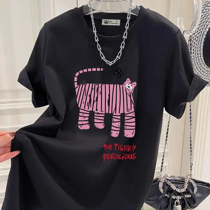 Summer New Fun Tiger Cartoon Print T-shirts Women Clothing Fashion All-match Pure Cotton Short Sleeve Top Tee Y2k Loose Pullover