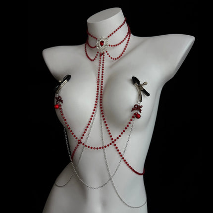 Sexy Red Gemstone Collar BDSM Restraints Bow-Shaped Nipple Clamps Body Chains Sexy Accessories for Women Adult Sex Toys 18+