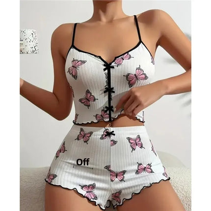 New Hot Sale Of The Season Heart Pattern Color Block Sleepwear Set with Slit in Front Strap Women's Vest Tops Non-Stitched Exte