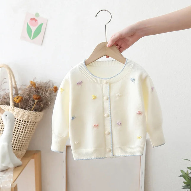 Girls Sweet Cute Embroidery Butterfly Long Sleeve Soft Warm Knitting Cardigan Kids Children Sweaters Three Colors