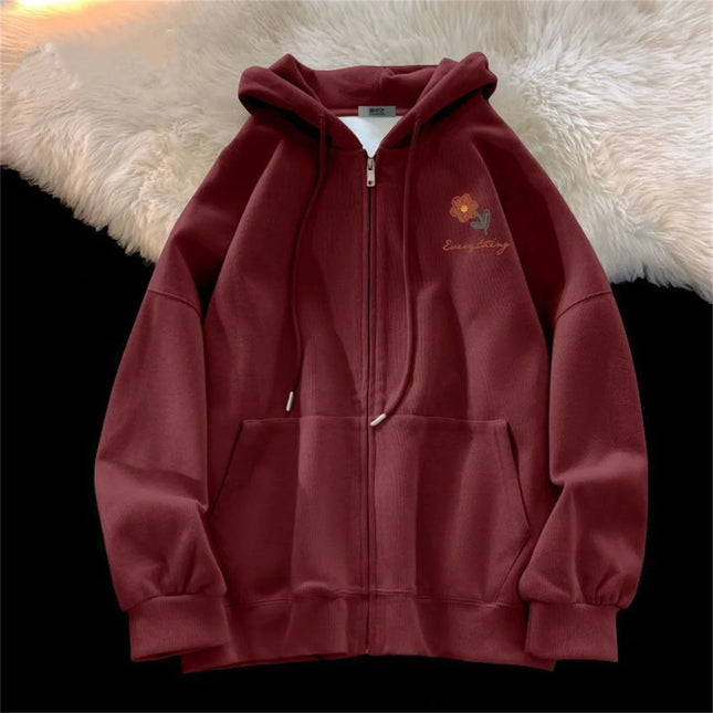 Spring And Autumn Thin Collection Fashion Trends Versatile Casual Lazy Wind 2025 New Cute Girl Zipper Printing Hooded