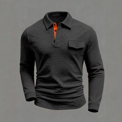 Spring Autumn Men's Classic Polo Shirt - Everyday Casual Design with Chessboard Pattern Patch Pockets on the Collar and Long Sleeves