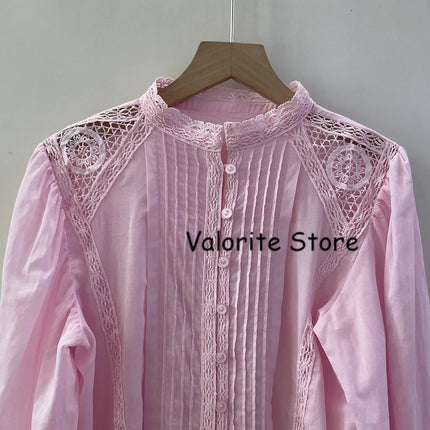 2025 Woman Pink Lace Embroidered Shirt Stand Collar Long Sleeved Hollow Out Buttons Up Matching Layered Shorts Skirts 2pcs set