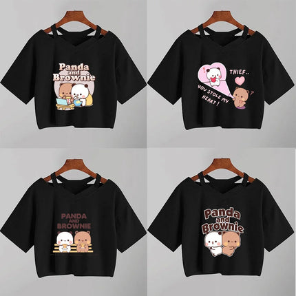 Kawaii Bubu Dudu Anime T Shirt Women Cartoon Panda Bear  Black Shirt Y2k  Aesthetic Female Crop Top