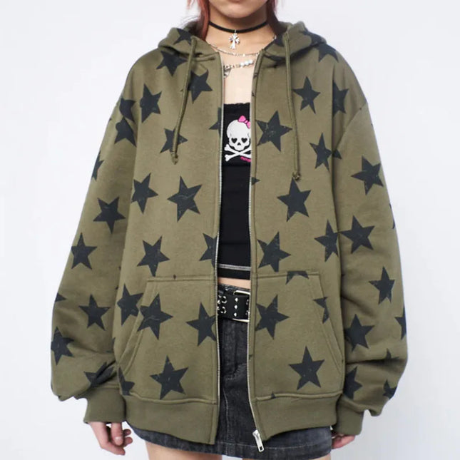Y2k Clothes Vintage Star Oversized Sweatshirt Jacket Harajuku Goth Long Sleeve Women Sweatshirt 2000s Hip Hop Zip Up Hoodies Top