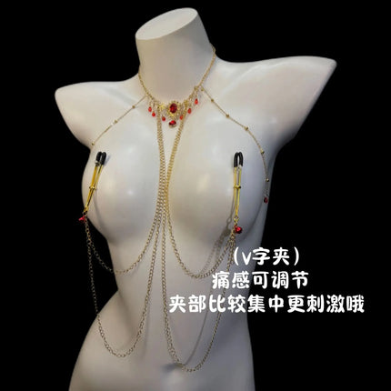 Red Gem Nipple Clamps Body Chain Integrated Breast Clips Bell Pendants Sensual Body Restraint Sexy Accessories Adult Sex Toys