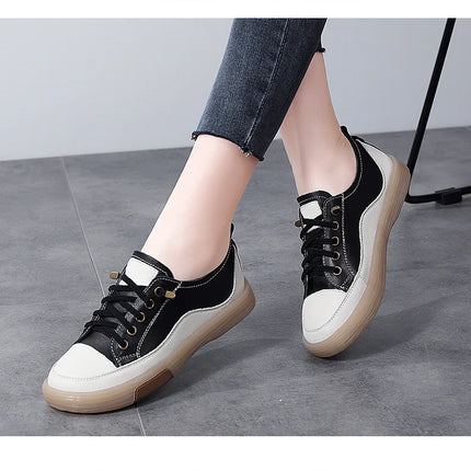 Genuine Leather Women Soft Sole Walking Shoes Girl Student Jogging Sneaker White Black Flats Female Casual Skate Trainers Summer