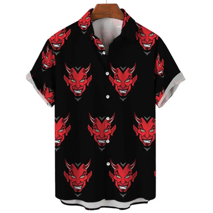 Devil Pattern Men's Shirts Oversized Shirt Loose Casual Double Patchwork Red Imp Party Festival Camisas Original