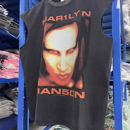 Summer Rock Manson Pattern Print Vintage American High Street Casual Loose Cotton Washed Tank Top Trendy Hip Hop Men Vest