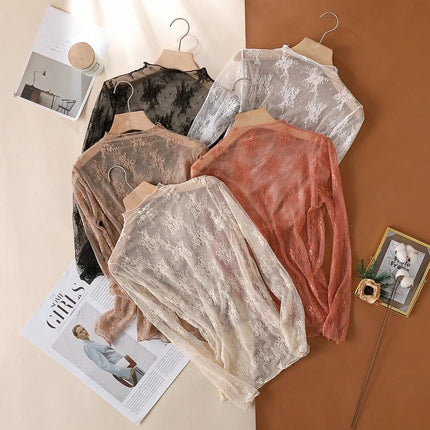 Trendy Sexy Women Mesh T-Shirts Transparent Lace Blouse Long Sleeve See Through Tops for Women O Neck Sheer Tees Body Crop Top