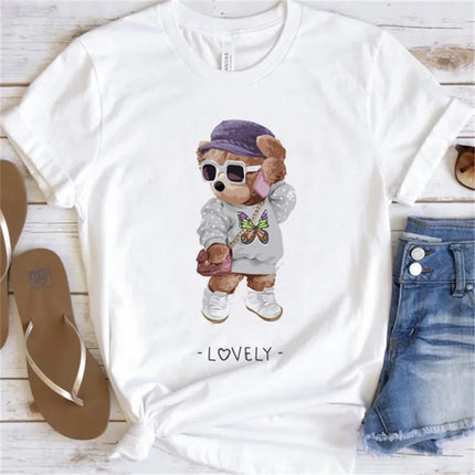 Women's Cute Bear Graphic T-shirt Short-Sleeved Clothes Women's Print T-shirt Summer 90s Fashion Style Women's Fashion T-shirt