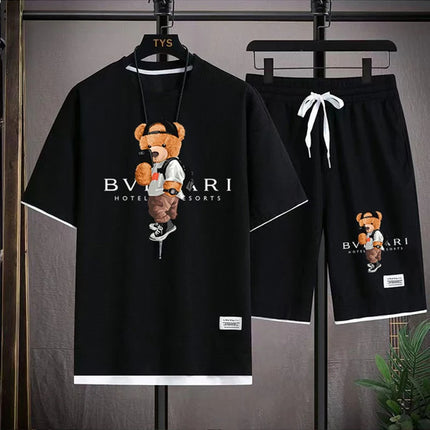 Men's Summer Casual Fashion Printed Loose Round-Neck Short-Sleeve T-Shirt Top and Shorts Set Comfortable Sportswear