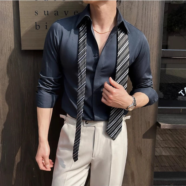 Men's White Long-Sleeve Dress Shirt - Slim Comfortable Fabric. Ideal for Formal Events & Everyday Wear. Classic & Modern Design