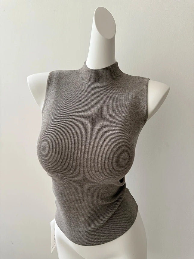 Korean Sle Knitted Vest Women's Base Layer Tank Top Svel f High Collar Spring Autumn Winter Inner And Outer Wear