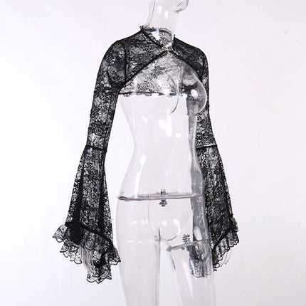 Women's Hollow Out Crop Tops Chic Gothic Lace Smock Tops False Collar Ladies Flare Sleeves Cover-Ups for Dating Party