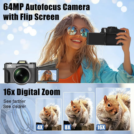4K Digital Camera for Photography 16X Digital Zoom Vlogging Camera for YouTube 64MP WiFi Auto Focus Video Camera 3" Flip Screen